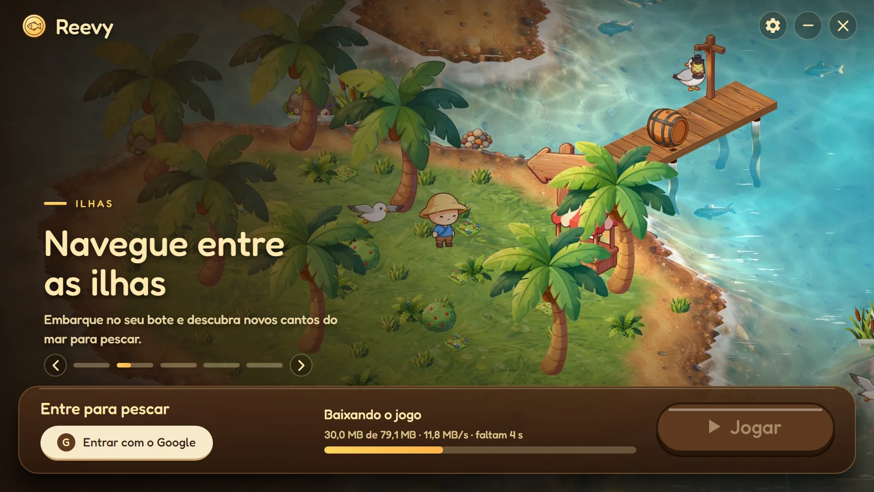 Tela do Reevy Launcher baixando o jogo, com a barra de progresso e a velocidade