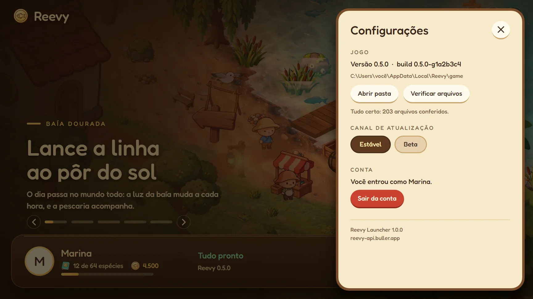 Configurações do Reevy Launcher: abrir a pasta do jogo, verificar os arquivos e sair da conta