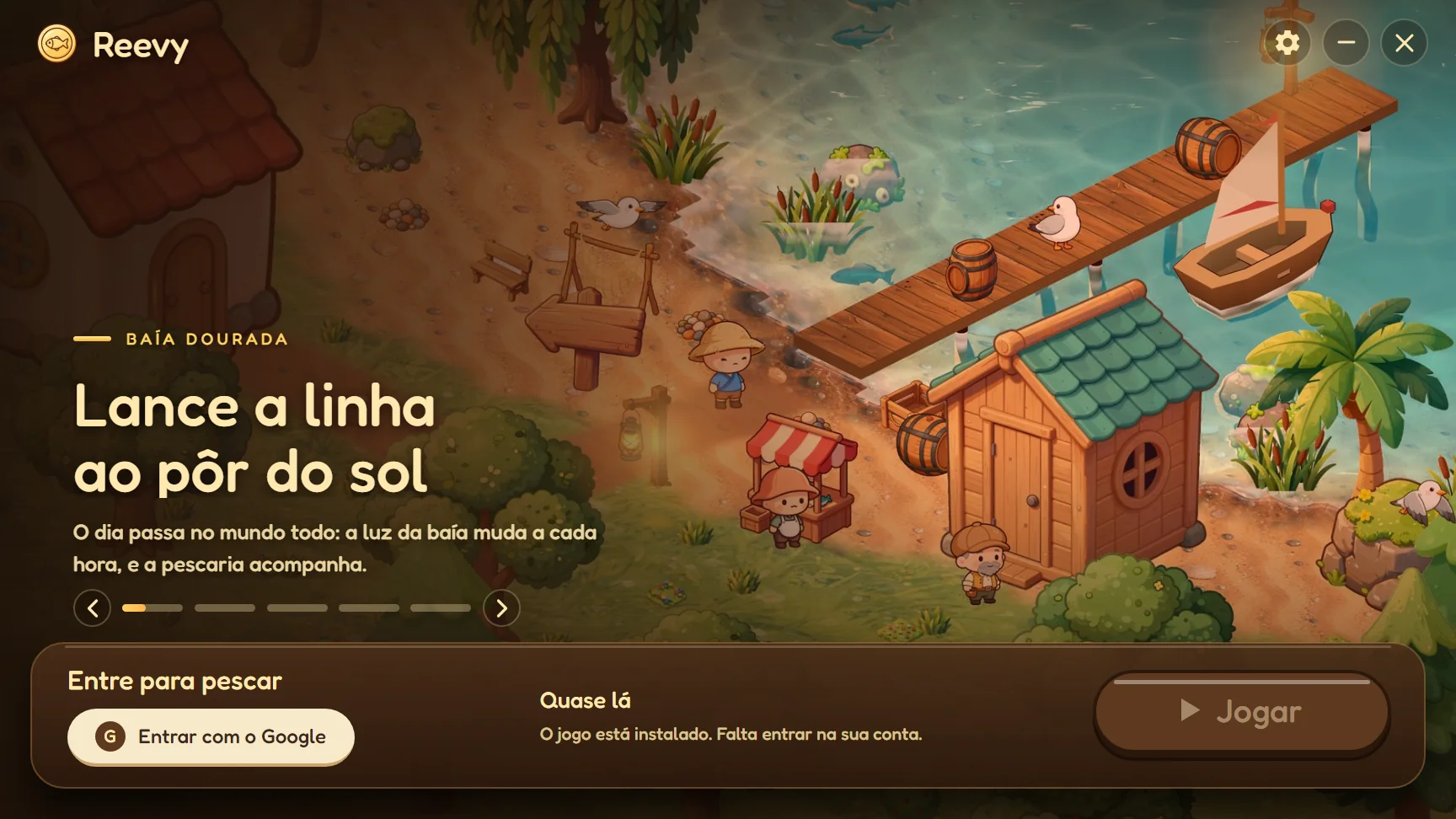 Tela do Reevy Launcher com o botão “Entrar com o Google” e a baía ao fundo